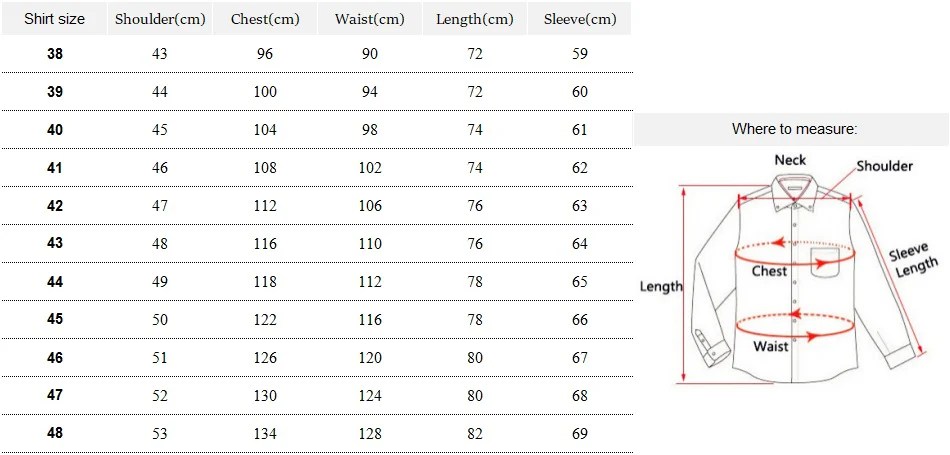 Men's size chart for dress shirts