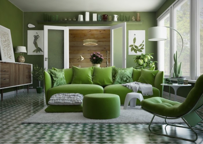 How to decor living room around green couch